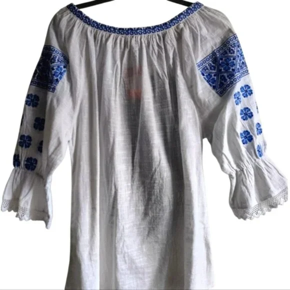 XL🌺Romanian Traditional White&Blue Handmade Embroidered Peasant Blouse Ie - Picture 5 of 10